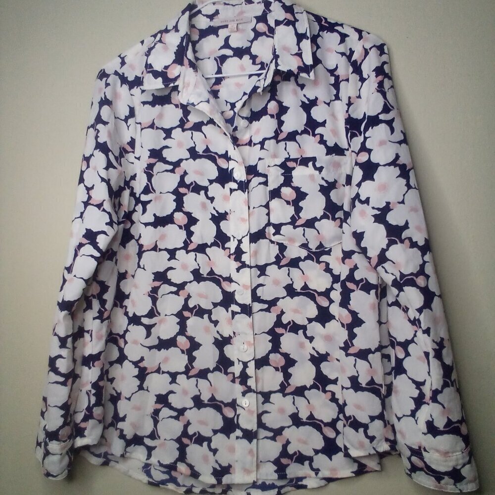 Skies Are Blue Shirt S Petite Button Up Long Sleeve Pocket Pattern White Blue